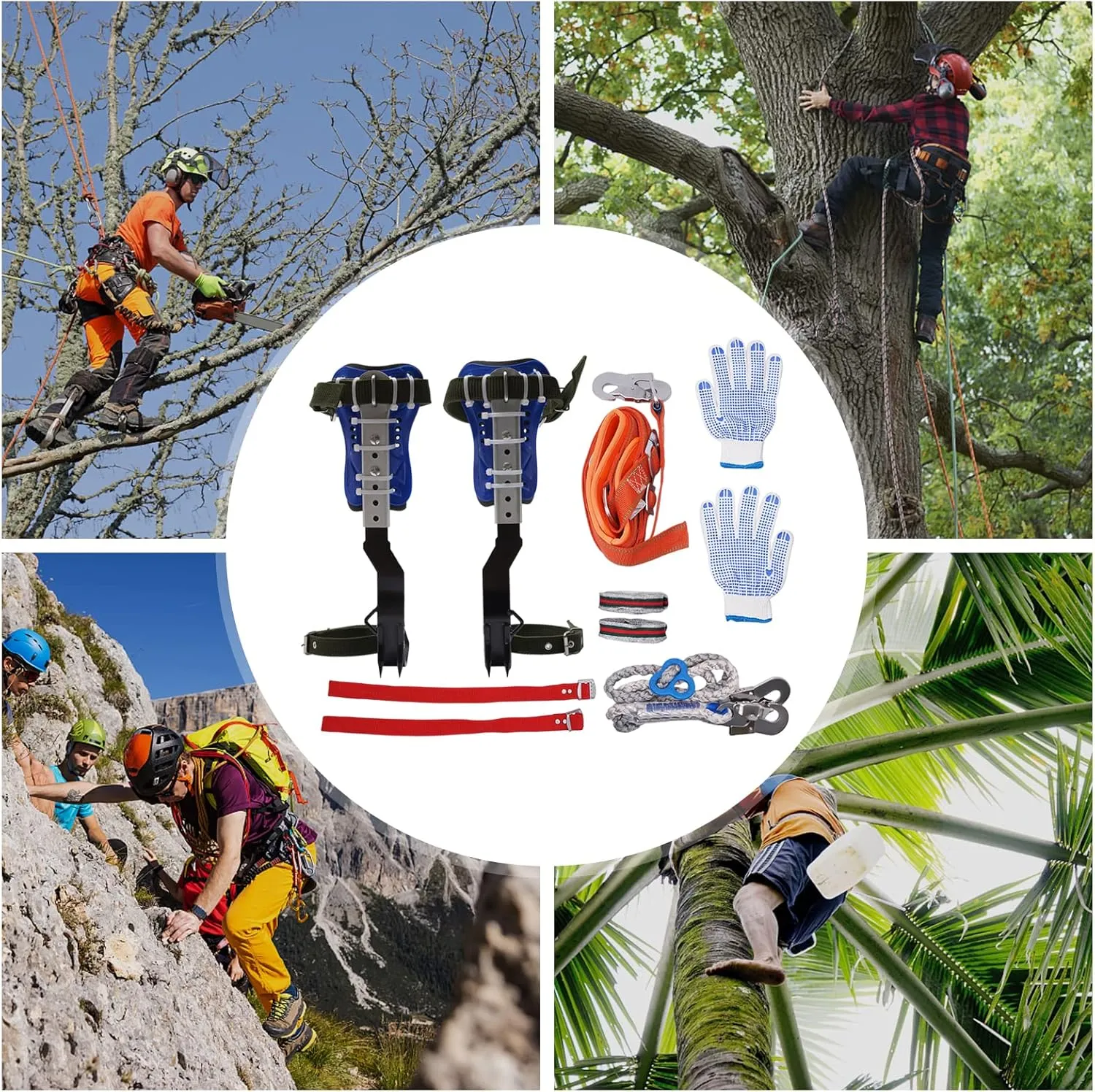 Tree Climbing Spikes Set Stainless Steel Cow Leather Tree Climbing Gear Pole Height Adjustable Tree Climbing Tool with Safety Belt Gloves for Outdoor Jungle Survival Fruit Picking