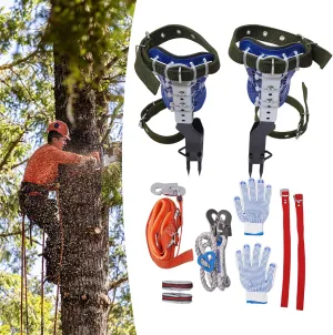 Tree Climbing Spikes Set Stainless Steel Cow Leather Tree Climbing Gear Pole Height Adjustable Tree Climbing Tool with Safety Belt Gloves for Outdoor Jungle Survival Fruit Picking