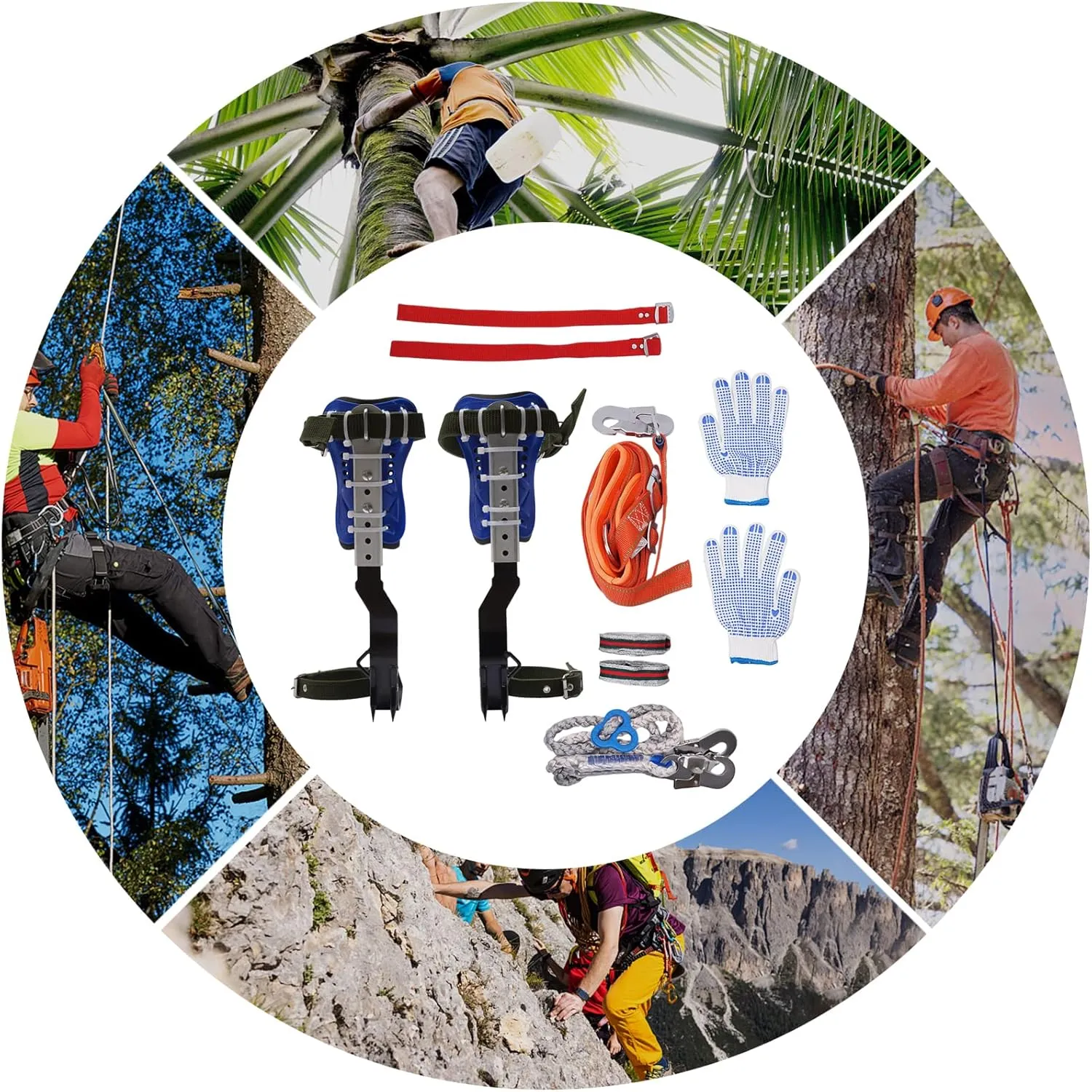 Tree Climbing Spikes Set Stainless Steel Cow Leather Tree Climbing Gear Pole Height Adjustable Tree Climbing Tool with Safety Belt Gloves for Outdoor Jungle Survival Fruit Picking