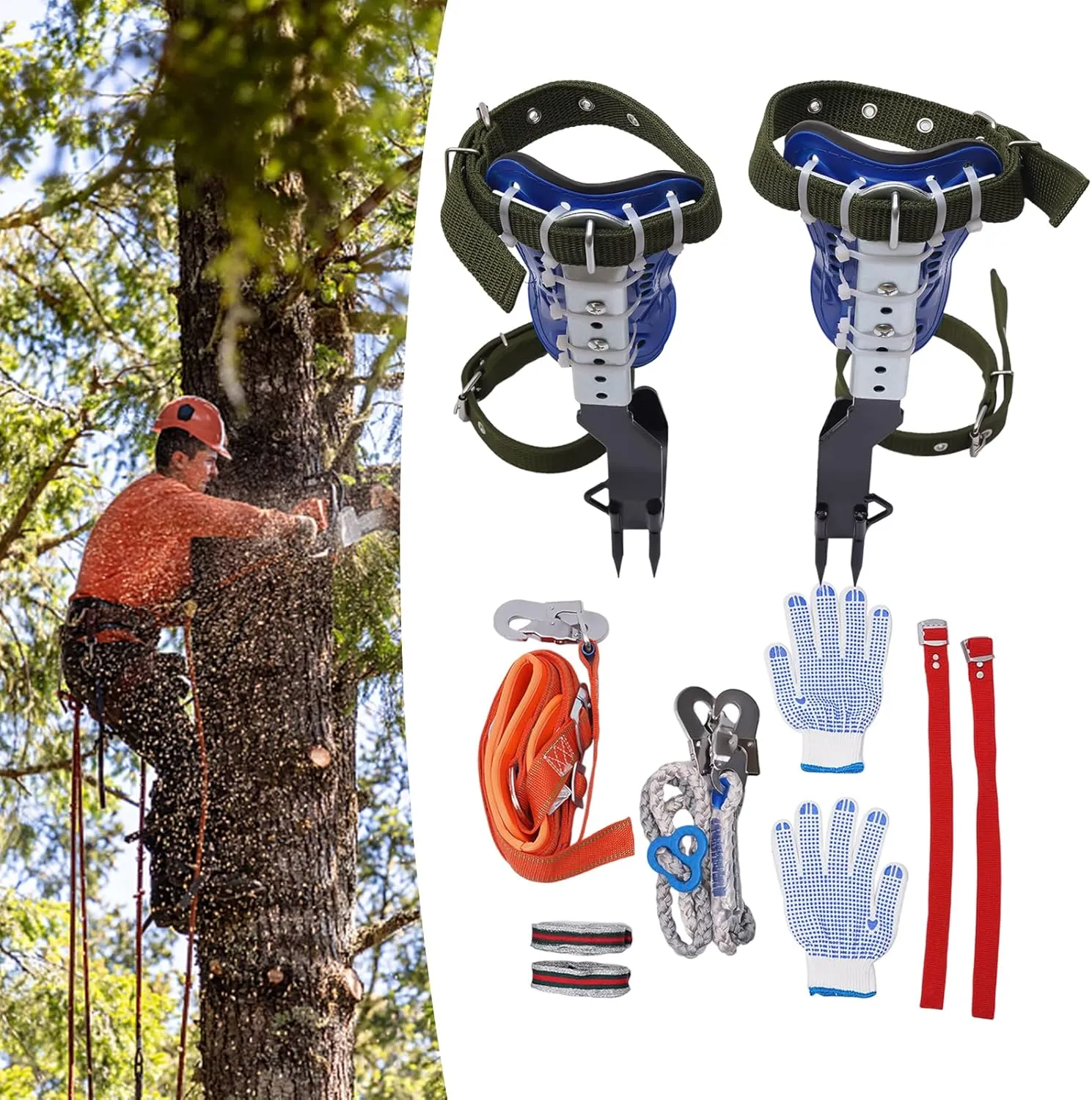 Tree Climbing Spikes Set Stainless Steel Cow Leather Tree Climbing Gear Pole Height Adjustable Tree Climbing Tool with Safety Belt Gloves for Outdoor Jungle Survival Fruit Picking