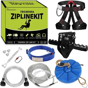 TRSMIMA Zipline Kit for Backyards - 150ft Zip Line for Kids and Adults - Backyard Kids Zipline Kits with Safety Harness and Stainless Steel - Spring Brake Trolley and Seat