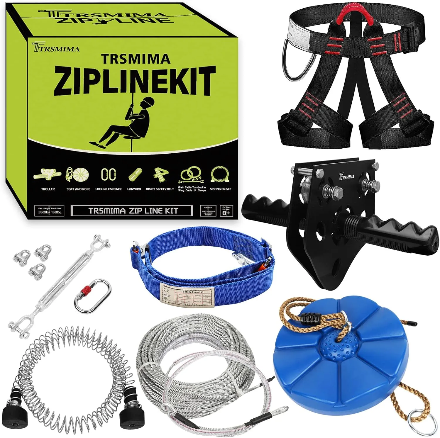 TRSMIMA Zipline Kit for Backyards - 150ft Zip Line for Kids and Adults - Backyard Kids Zipline Kits with Safety Harness and Stainless Steel - Spring Brake Trolley and Seat