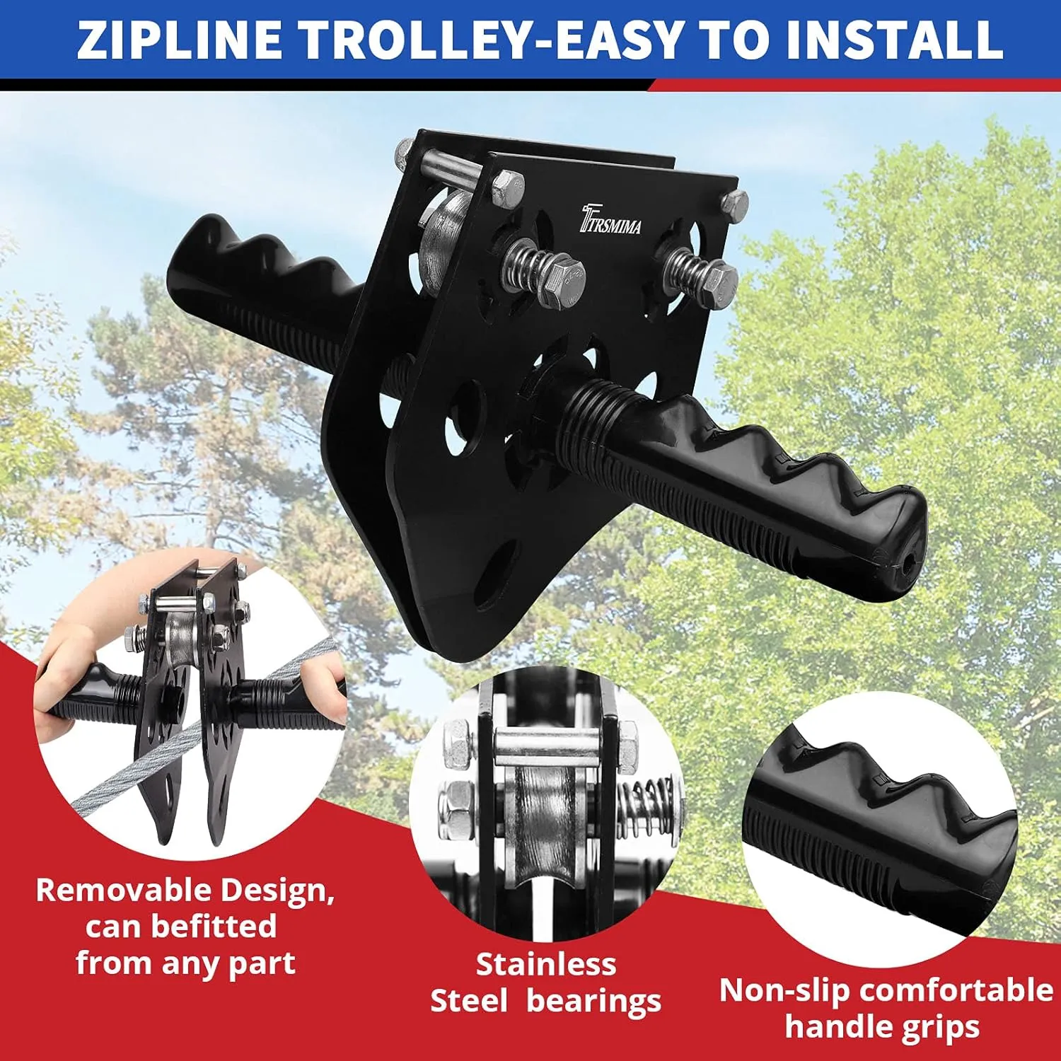 TRSMIMA Zipline Kit for Backyards - 150ft Zip Line for Kids and Adults - Backyard Kids Zipline Kits with Safety Harness and Stainless Steel - Spring Brake Trolley and Seat