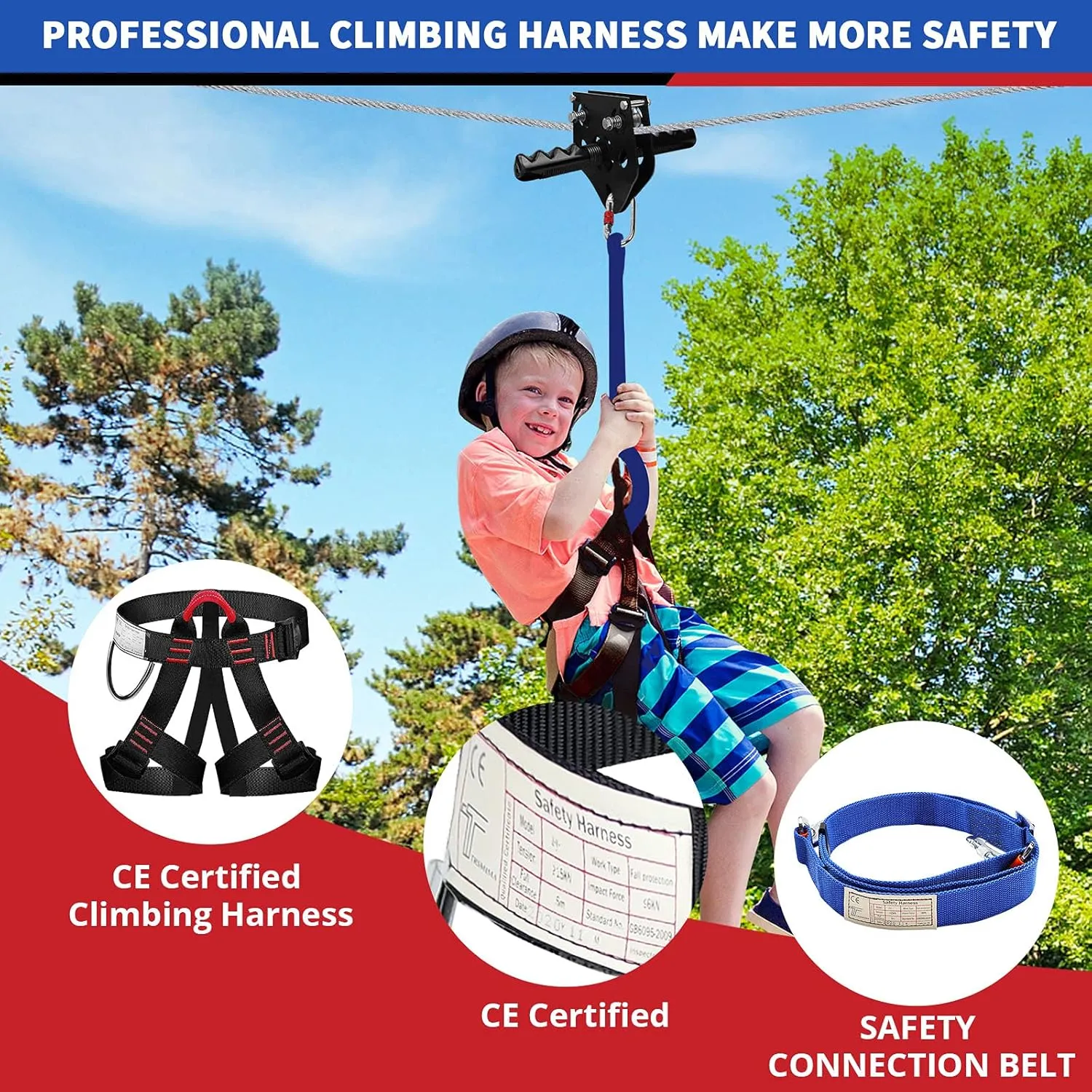 TRSMIMA Zipline Kit for Backyards - 150ft Zip Line for Kids and Adults - Backyard Kids Zipline Kits with Safety Harness and Stainless Steel - Spring Brake Trolley and Seat