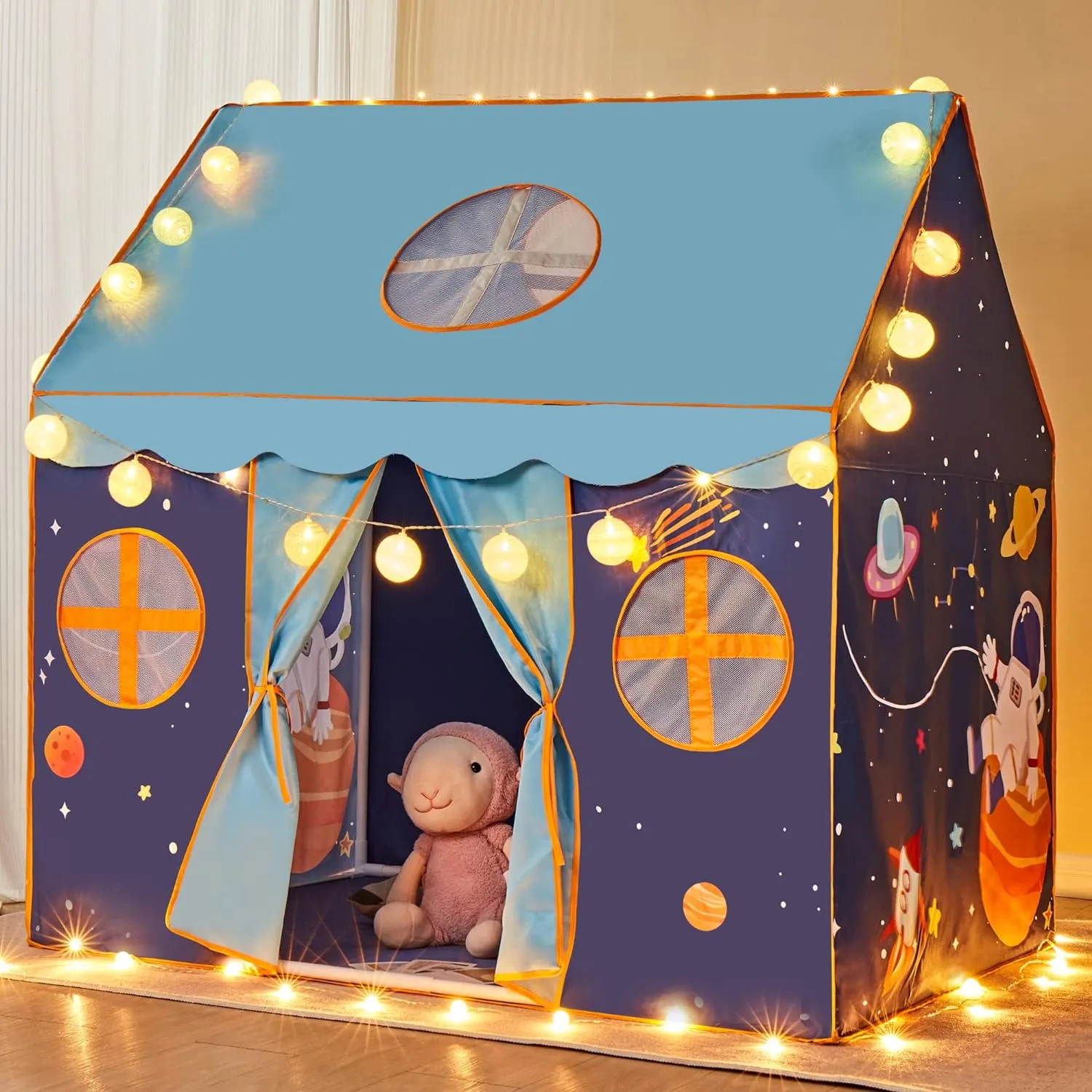 TTLOJ Gift for Christmas Outer Space Style Play Tents with Small String Lights for Boys Girls, Large Playhouse Castle Toy for Toddler Play House, Teepee Tent Indoor Outdoor (Ball Lights NOT Included