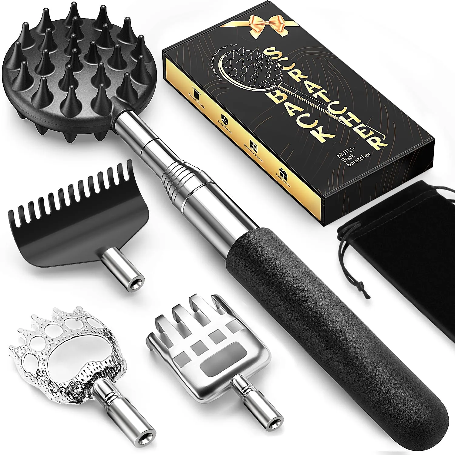 TUKUOS Telescoping Back Scratcher with 4Pcs Detachable Scratching Heads, Fathers Day Dad Gifts for Men, Larger Scratching Tips, Adjustable, Back Scratcher for Men/Dad/Women, Relieve Itching Anywhere