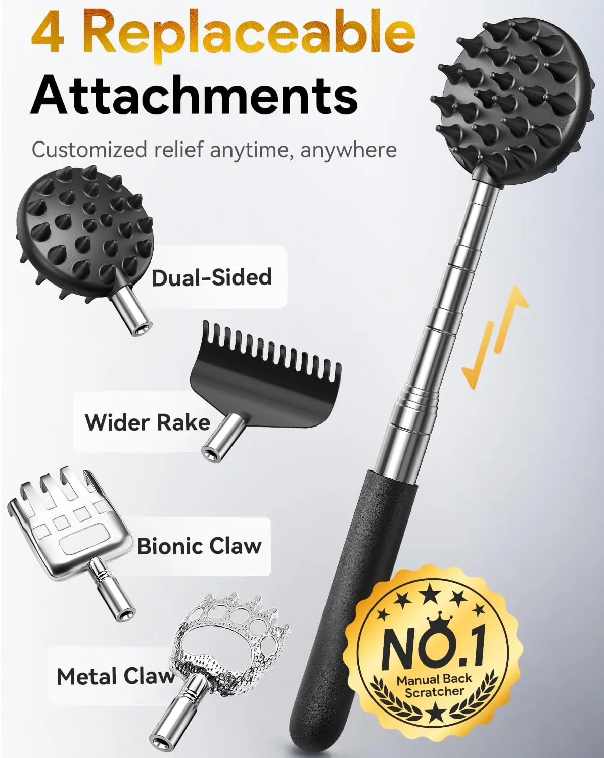 TUKUOS Telescoping Back Scratcher with 4Pcs Detachable Scratching Heads, Fathers Day Dad Gifts for Men, Larger Scratching Tips, Adjustable, Back Scratcher for Men/Dad/Women, Relieve Itching Anywhere