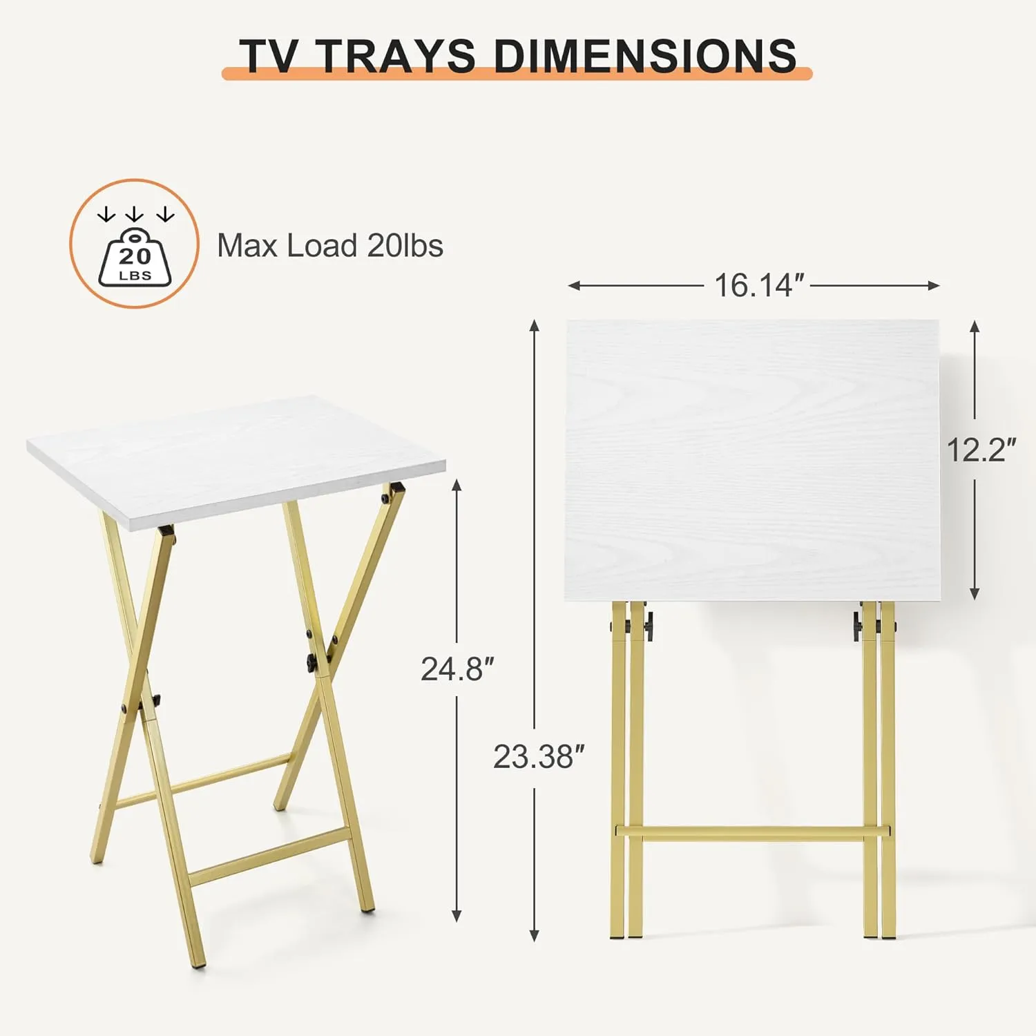 TV Tray Table Set of 2, TV Dinner Tray, Folding Table, Foldable TV Trays, Side Table for Bed, Couch, Portable and Small Easy to Move, White with Gold Frame