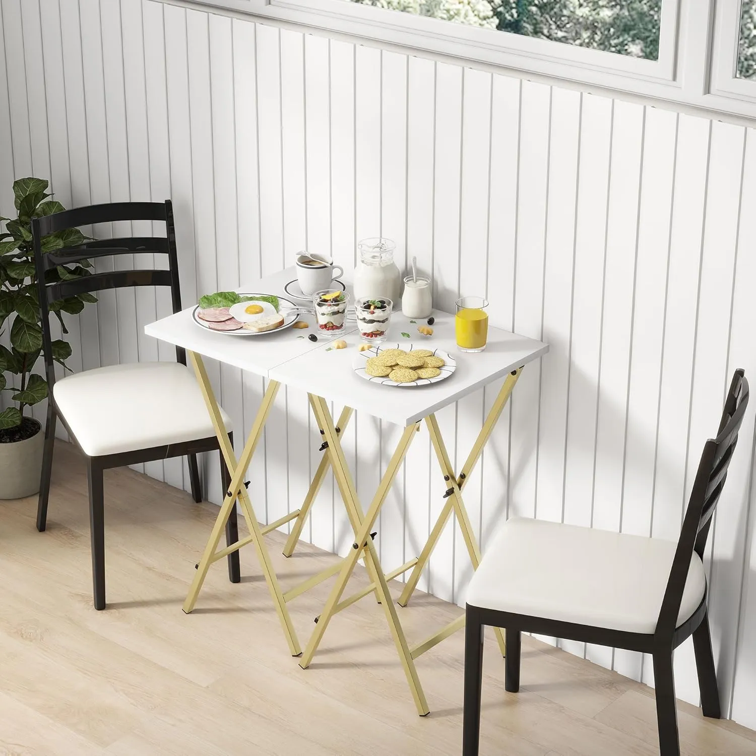 TV Tray Table Set of 2, TV Dinner Tray, Folding Table, Foldable TV Trays, Side Table for Bed, Couch, Portable and Small Easy to Move, White with Gold Frame
