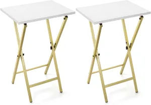 TV Tray Table Set of 2, TV Dinner Tray, Folding Table, Foldable TV Trays, Side Table for Bed, Couch, Portable and Small Easy to Move, White with Gold Frame