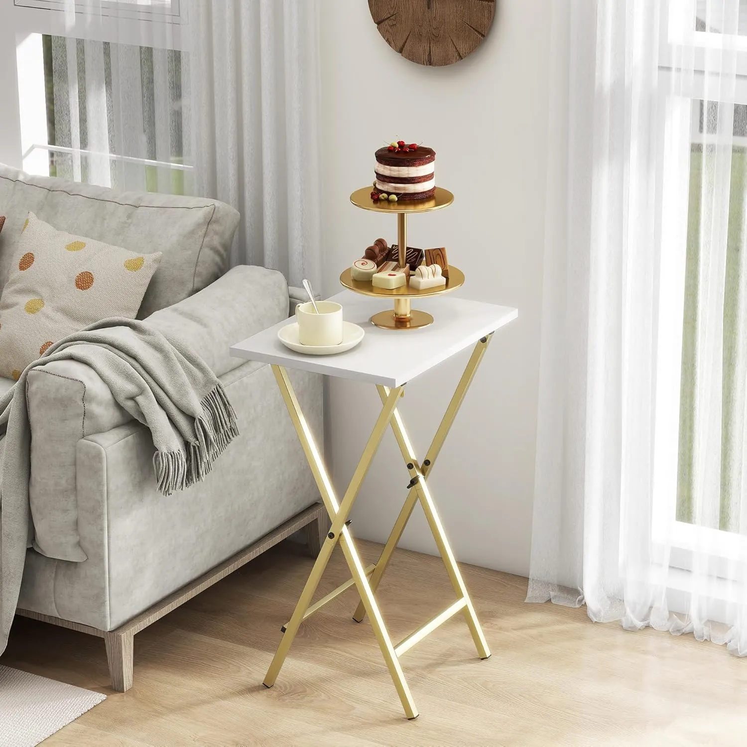 TV Tray Table Set of 2, TV Dinner Tray, Folding Table, Foldable TV Trays, Side Table for Bed, Couch, Portable and Small Easy to Move, White with Gold Frame