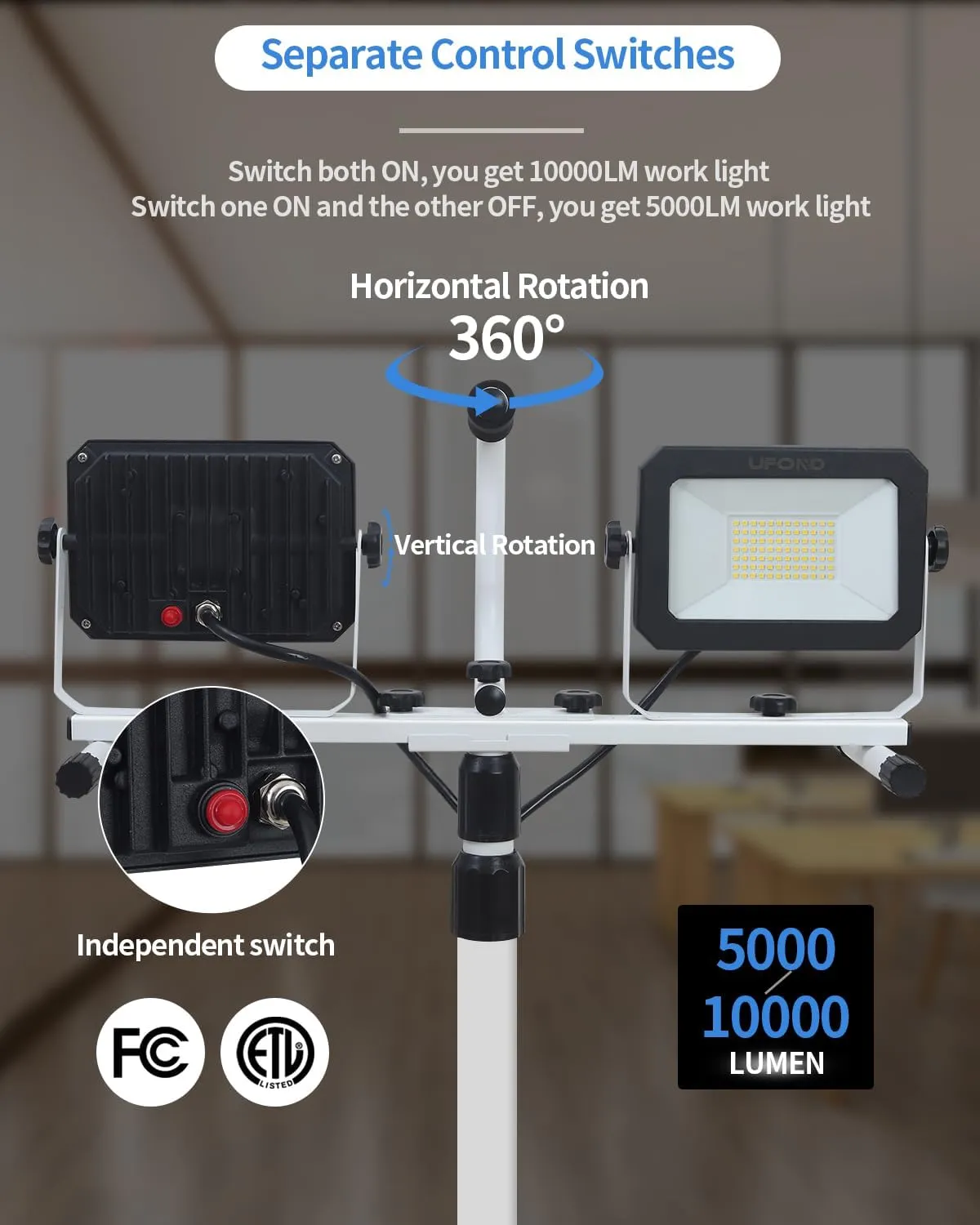UFOND 10000 Lumen LED Work Light with Stand, Dual Head Work Light, Waterproof Lamp with Individual Switch, Adjustable Metal Telescoping Tripod with Power Cord （2 Pack）