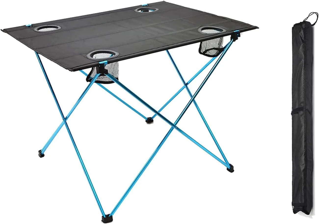 Ultra-Light Aluminum Alloy Camping Table Folding Beach Portable Table Outdoor Backpacking Roll Up Desk Furniture with Cup Holders, for Camping, Picnic, Beach and BBQ,Blue
