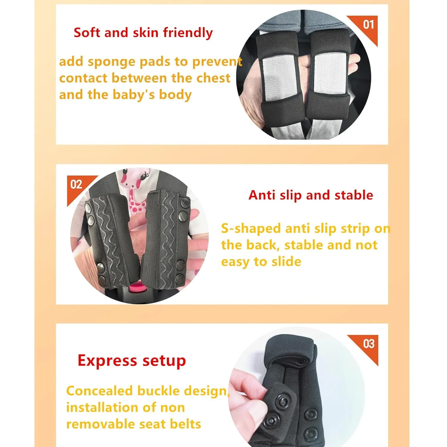 Universal Child Car Seat Chest Harness Clip Universal Safer Belt Clip Buckle Lock Stroller Chest Clip Adjustable Guard for Baby and Kids (Chest Clip and Pad Set-Orange)