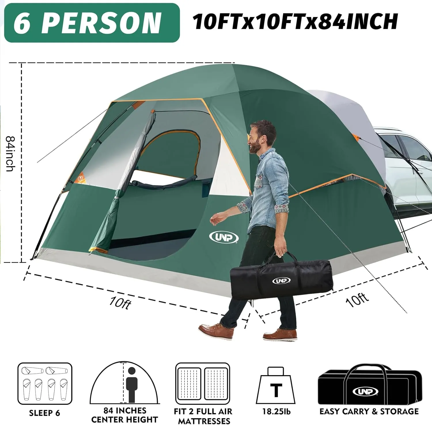 UNP SUV Dome Tent for Camping, Outdoor 6 Person Car Camping Tent, Easy Set Up SUV Tailgate Tent with Rainfly 10' x 10' Vehicle Camping Tent