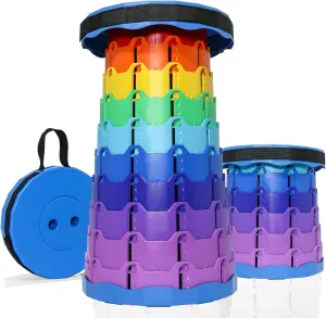 Upgrade Collapsible Stool, Thickened Foldable Stool, Portable Folding Seat, Adjustable Height Retractable Stools for Fishing, Hiking, Camping, BBQ, Parties, Outdoor Activities, Rainbow Blue