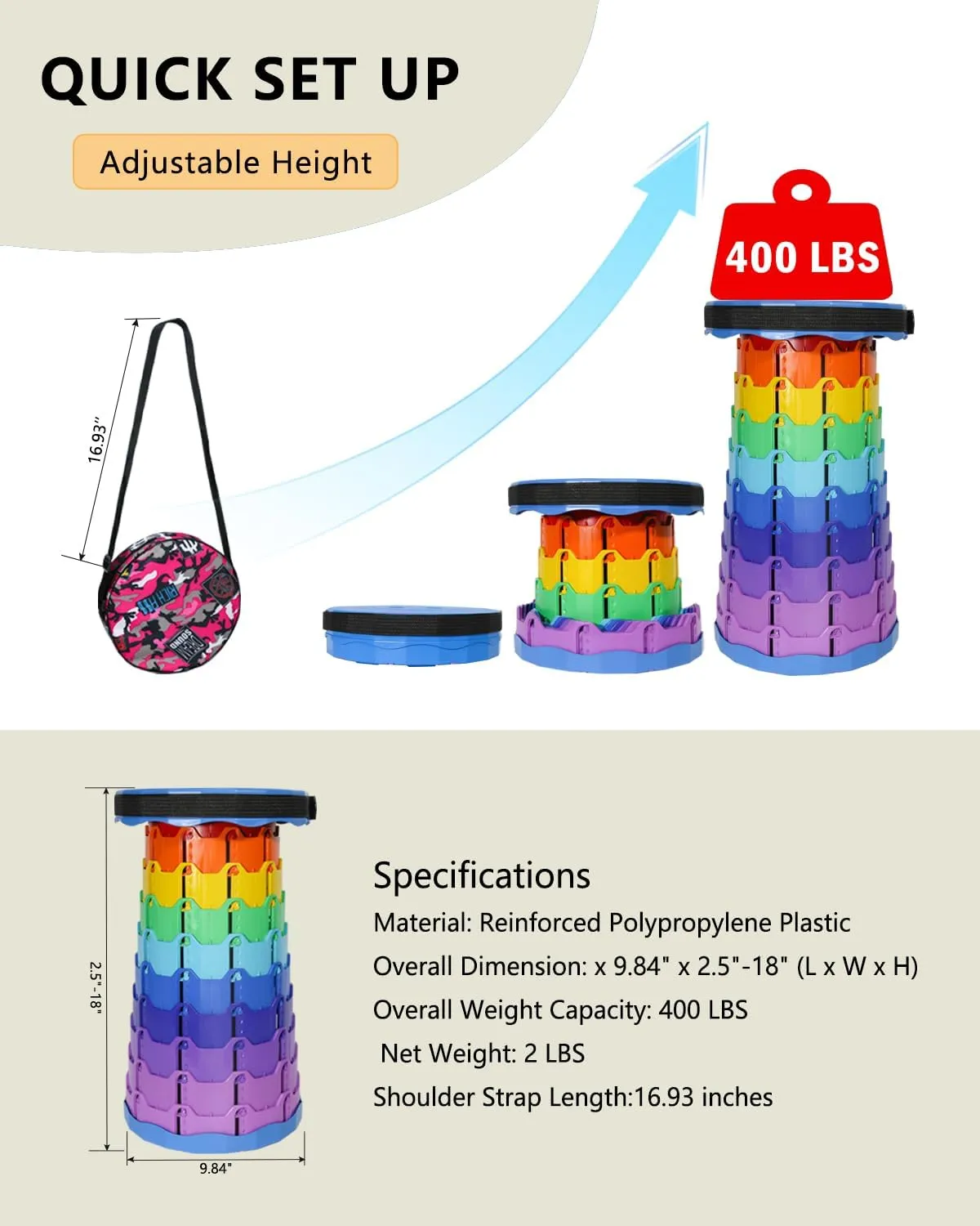Upgrade Collapsible Stool, Thickened Foldable Stool, Portable Folding Seat, Adjustable Height Retractable Stools for Fishing, Hiking, Camping, BBQ, Parties, Outdoor Activities, Rainbow Blue