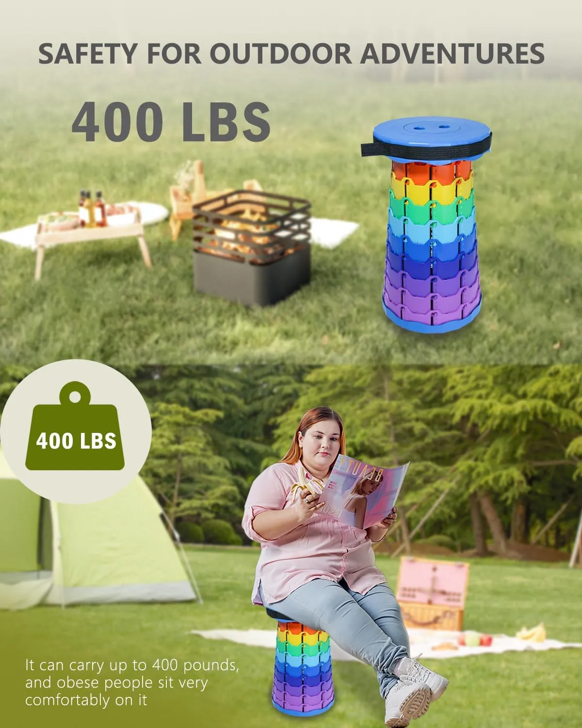Upgrade Collapsible Stool, Thickened Foldable Stool, Portable Folding Seat, Adjustable Height Retractable Stools for Fishing, Hiking, Camping, BBQ, Parties, Outdoor Activities, Rainbow Blue