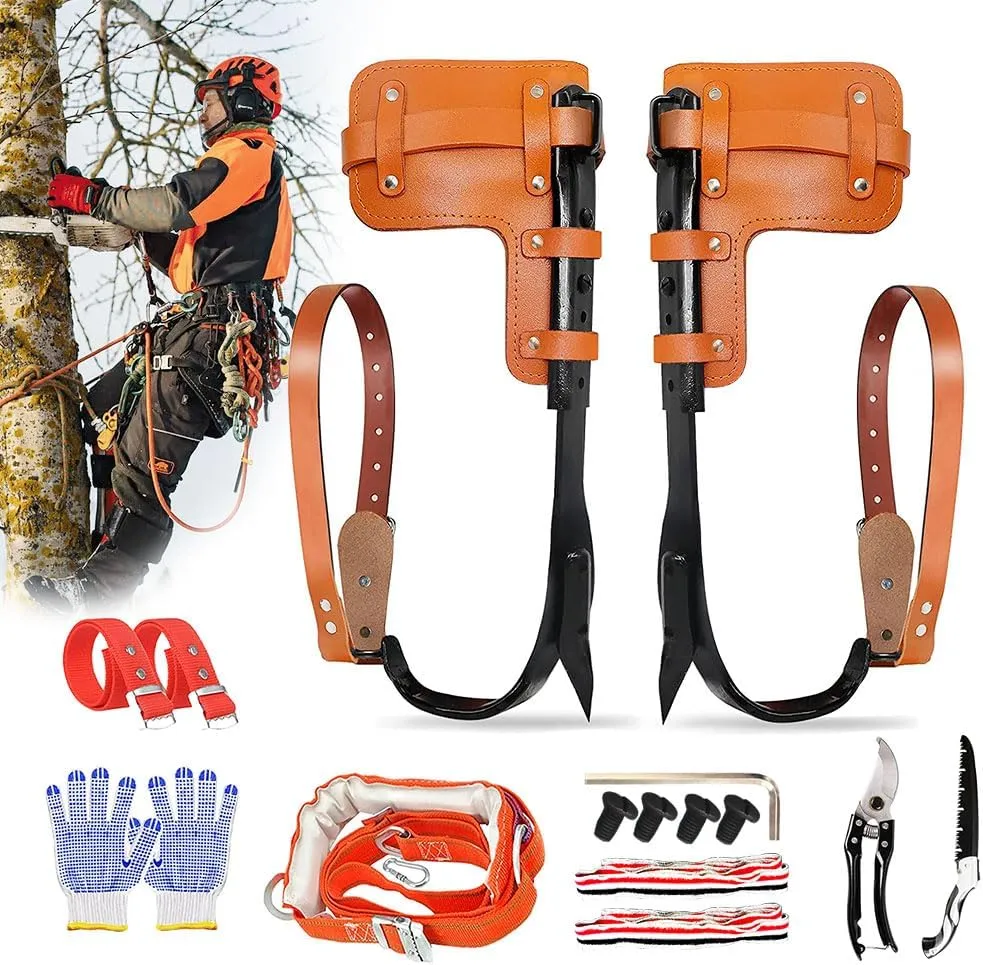 Upgrade Cow Leather Tree Climbing Spikes Set with Harness Belt, Scissors & Saw, Adjustable Tree Climbing Gear Pole Climbing Spurs Tool Tree Climbing Spikes for Outdoor Activities