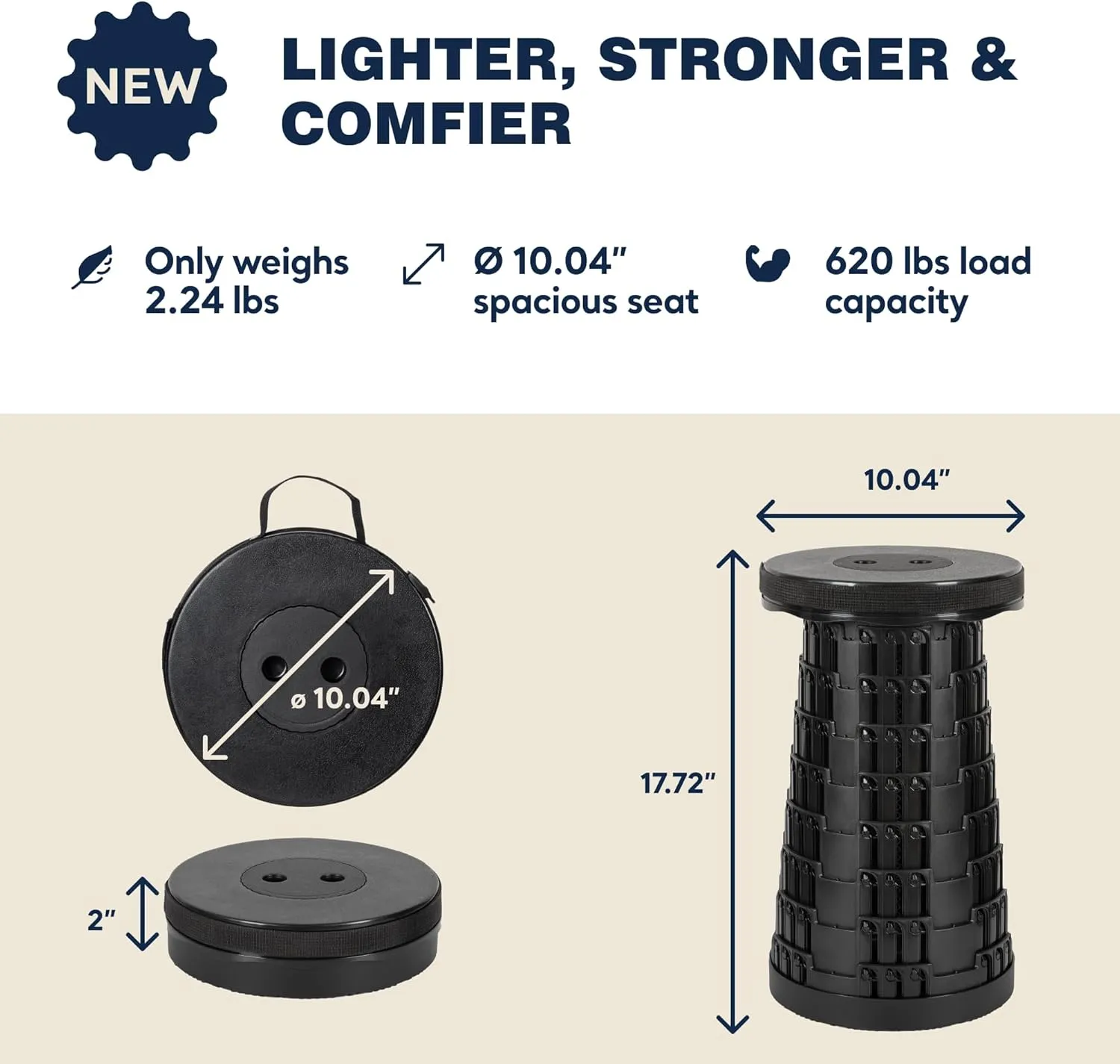 Upgraded Collapsible Stool with Shoulder Strap, 620lbs Max Weight, Lightweight Yet Sturdy, Portable Retractable Foldable Telescoping Camping Stool for Adults Outdoor Fishing Hiking Travel BBQ