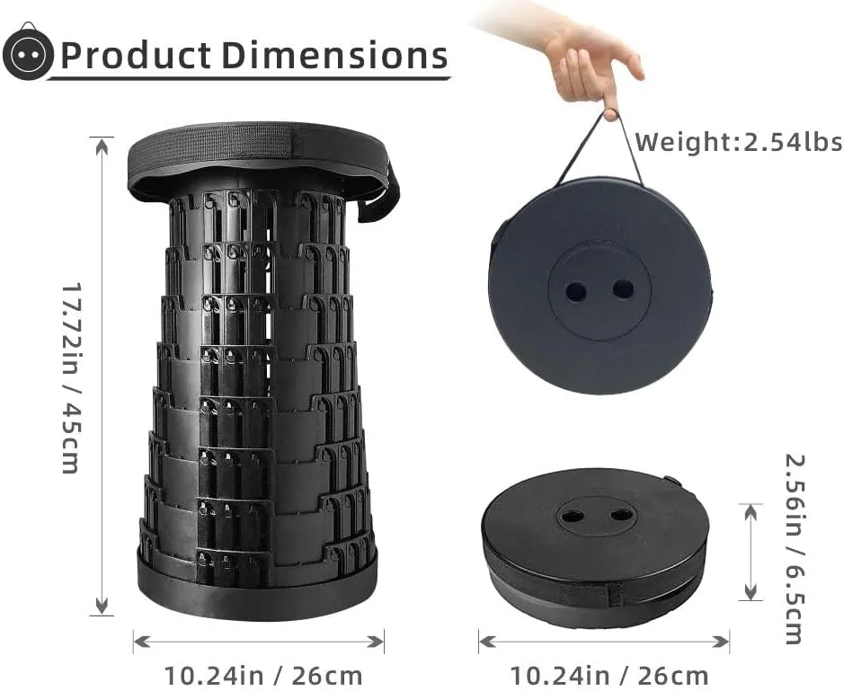 Upgraded Foldable Telescoping Stool 2-Pack - Sturdy Retractable Portable Collapsible Stool for Camping Hiking Fishing BBQ Kitchen Garden Qeuing Parties Indoor & Outdoor Activities Max 550lbs (Black)