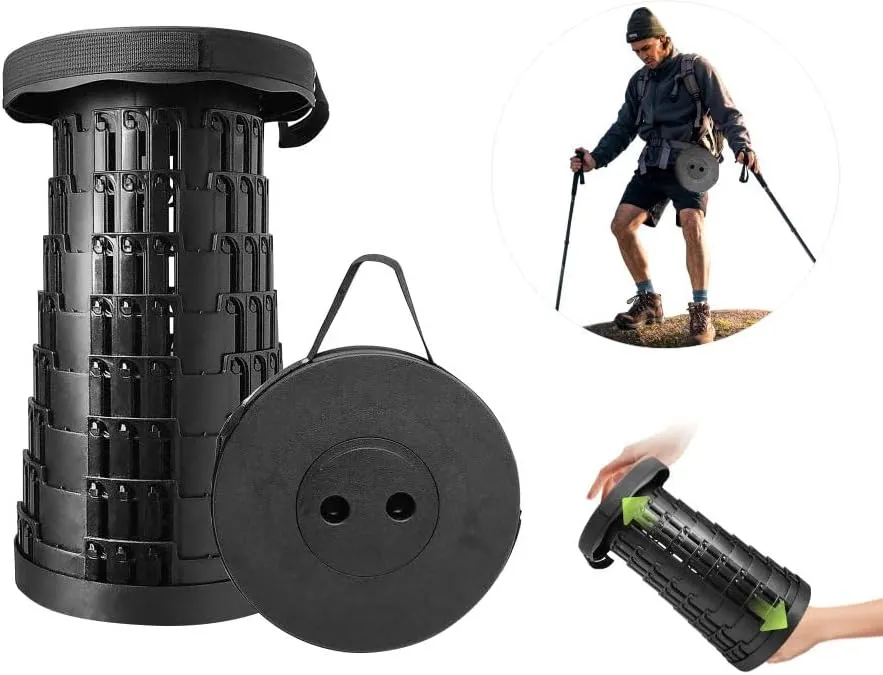 Upgraded Foldable Telescoping Stool 2-Pack - Sturdy Retractable Portable Collapsible Stool for Camping Hiking Fishing BBQ Kitchen Garden Qeuing Parties Indoor & Outdoor Activities Max 550lbs (Black)