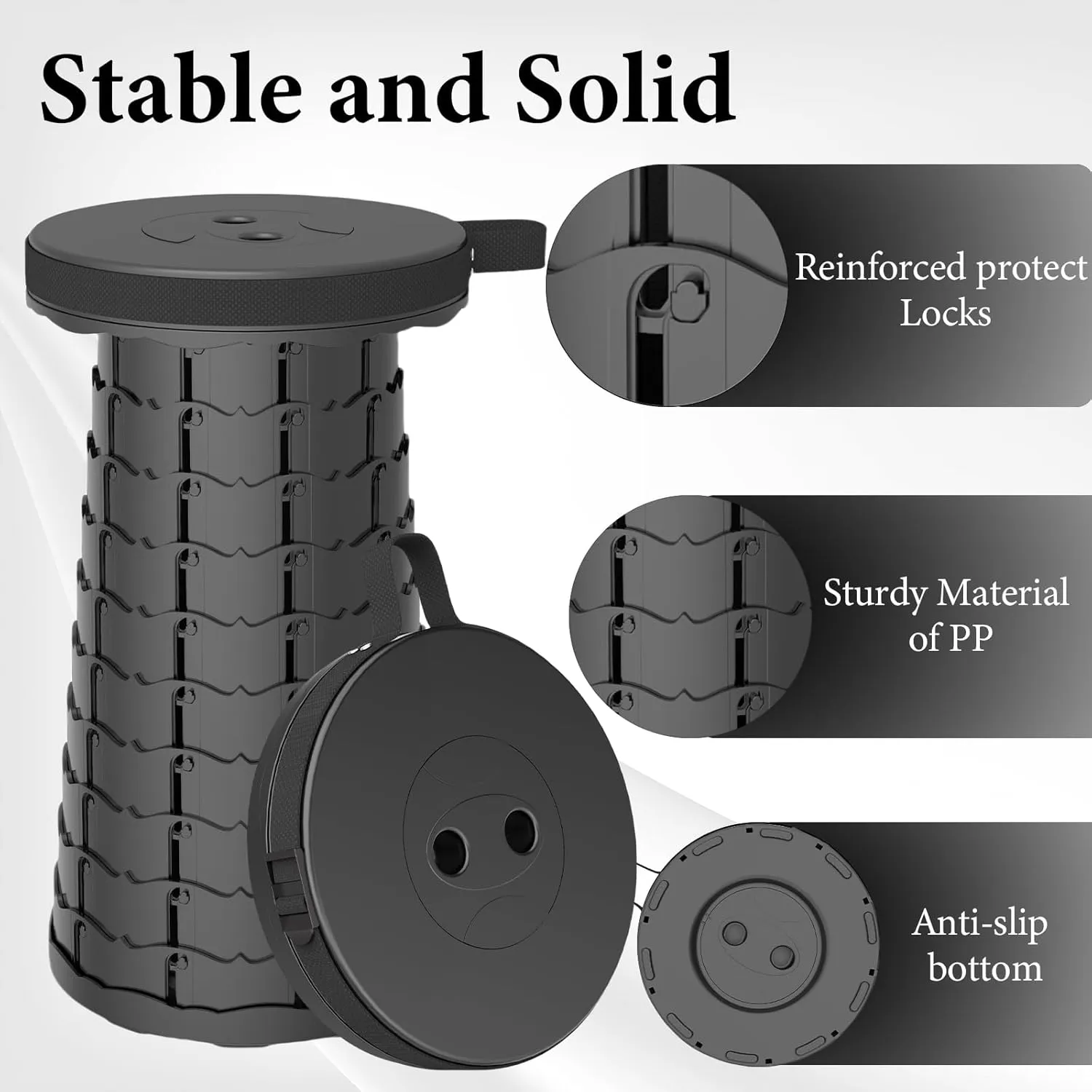 Upgraded Folding Stool with Carabiner,Retractable Collapsible Stool,Portable Camping Stool Lightweight and More Sturdy Capacity 440Ibs for Outdoor Fishing Hiking Travel