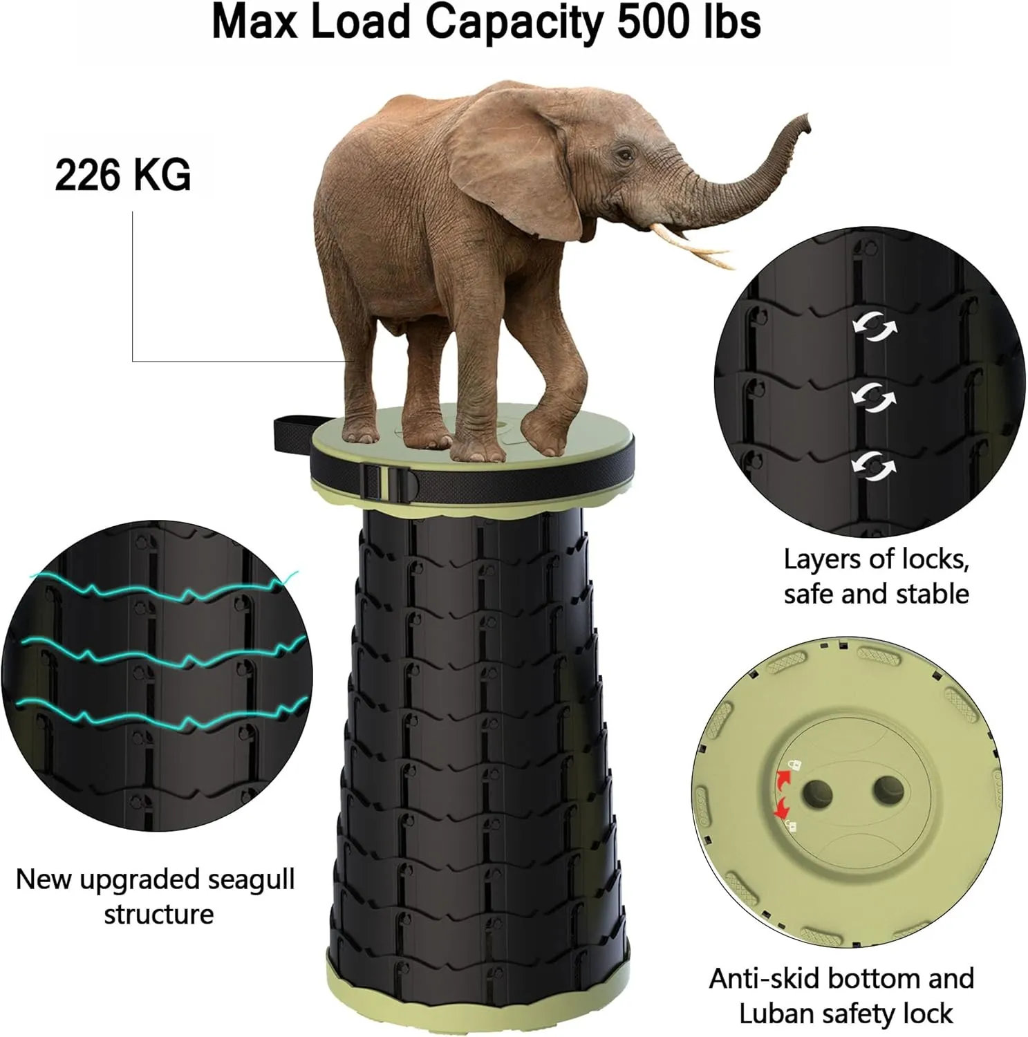 Upgraded Telescoping Stool Collapsible Stool with Seat Cushion & Bag, Retractable Folding Camping Stool for Adults Max Load 500lbs More Sturdy Lightweight for Fishing Hiking Gardening (Green)