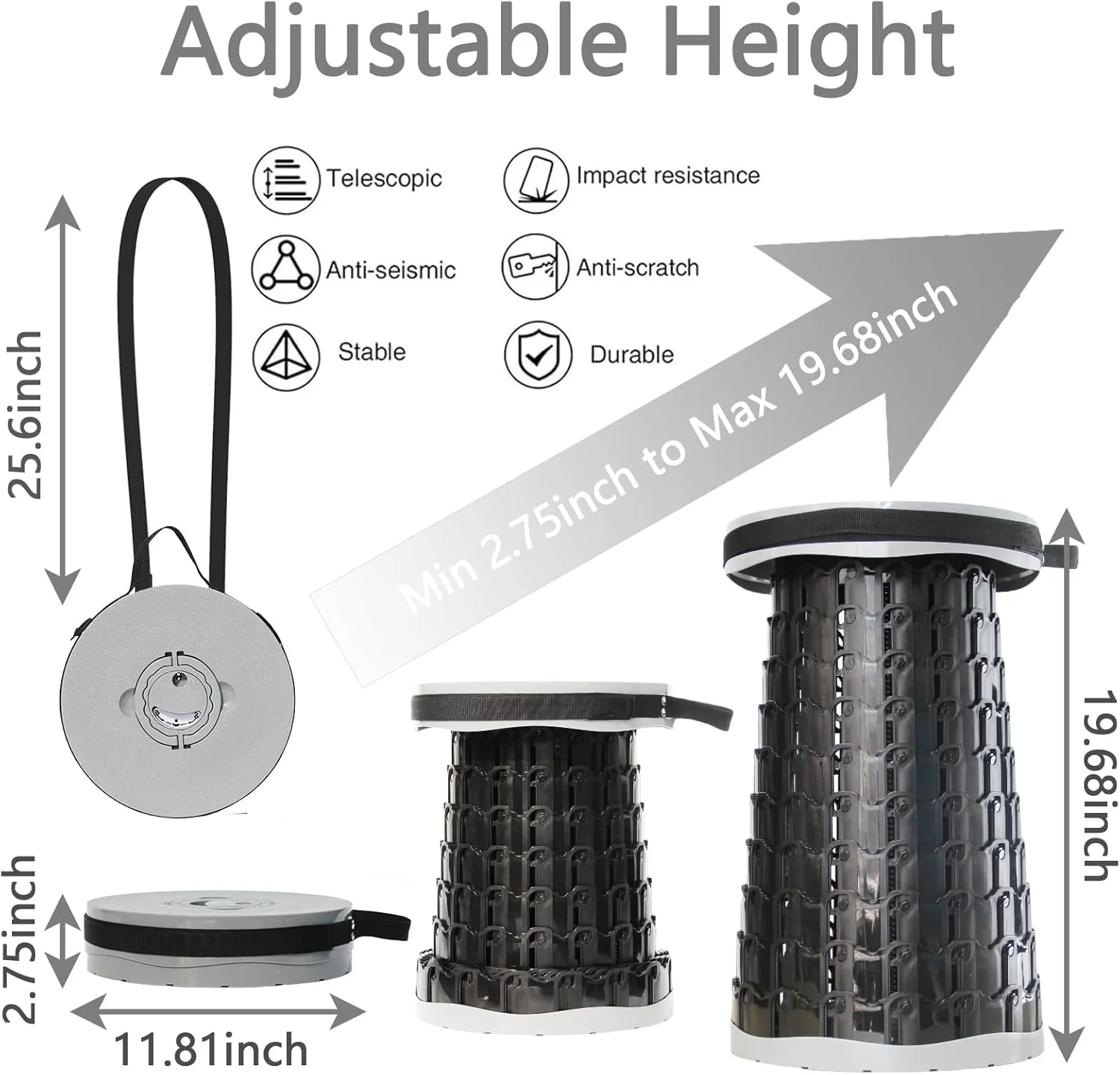 Upgraded XXL Collapsible Stool with Cushion,19.7"H-11.8"D Telescoping Folding Stool for Adults,More Sturdy Portable Camping Stools with Load Capacity 1000lbs for Outdoor,Garden,Fishing,Hiking