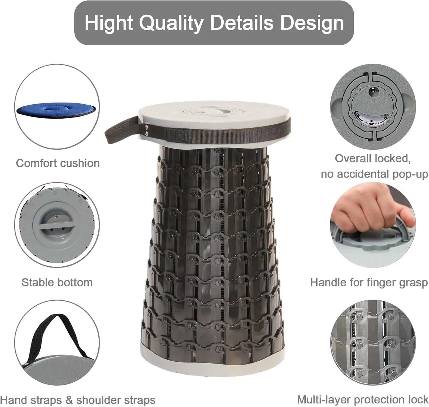 Upgraded XXL Collapsible Stool with Cushion,19.7"H-11.8"D Telescoping Folding Stool for Adults,More Sturdy Portable Camping Stools with Load Capacity 1000lbs for Outdoor,Garden,Fishing,Hiking