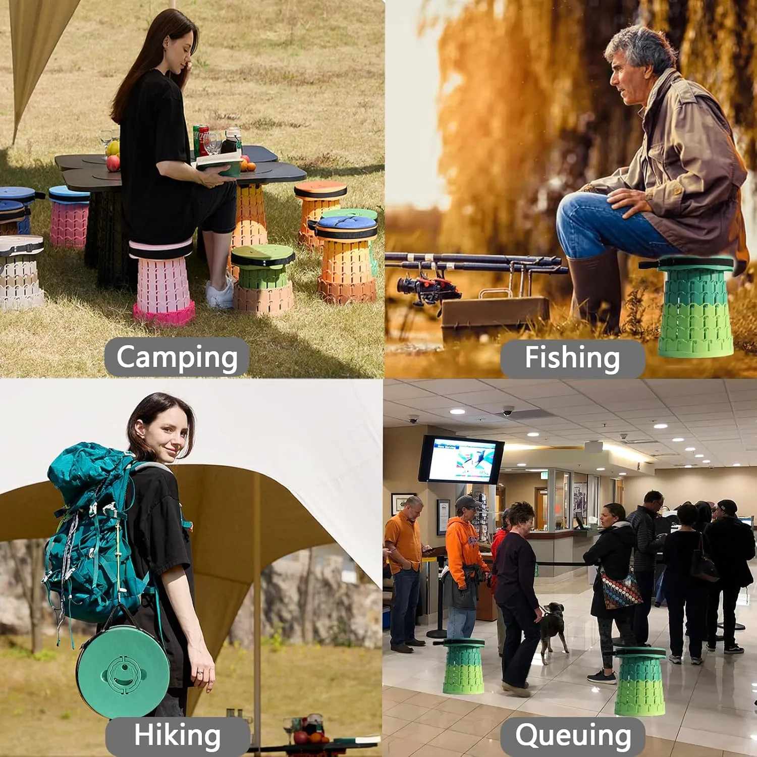 Upgraded XXL Collapsible Stool with Cushion,19.7"H-11.8"D Telescoping Folding Stool for Adults,More Sturdy Portable Camping Stools with Load Capacity 1000lbs for Outdoor,Garden,Fishing,Hiking