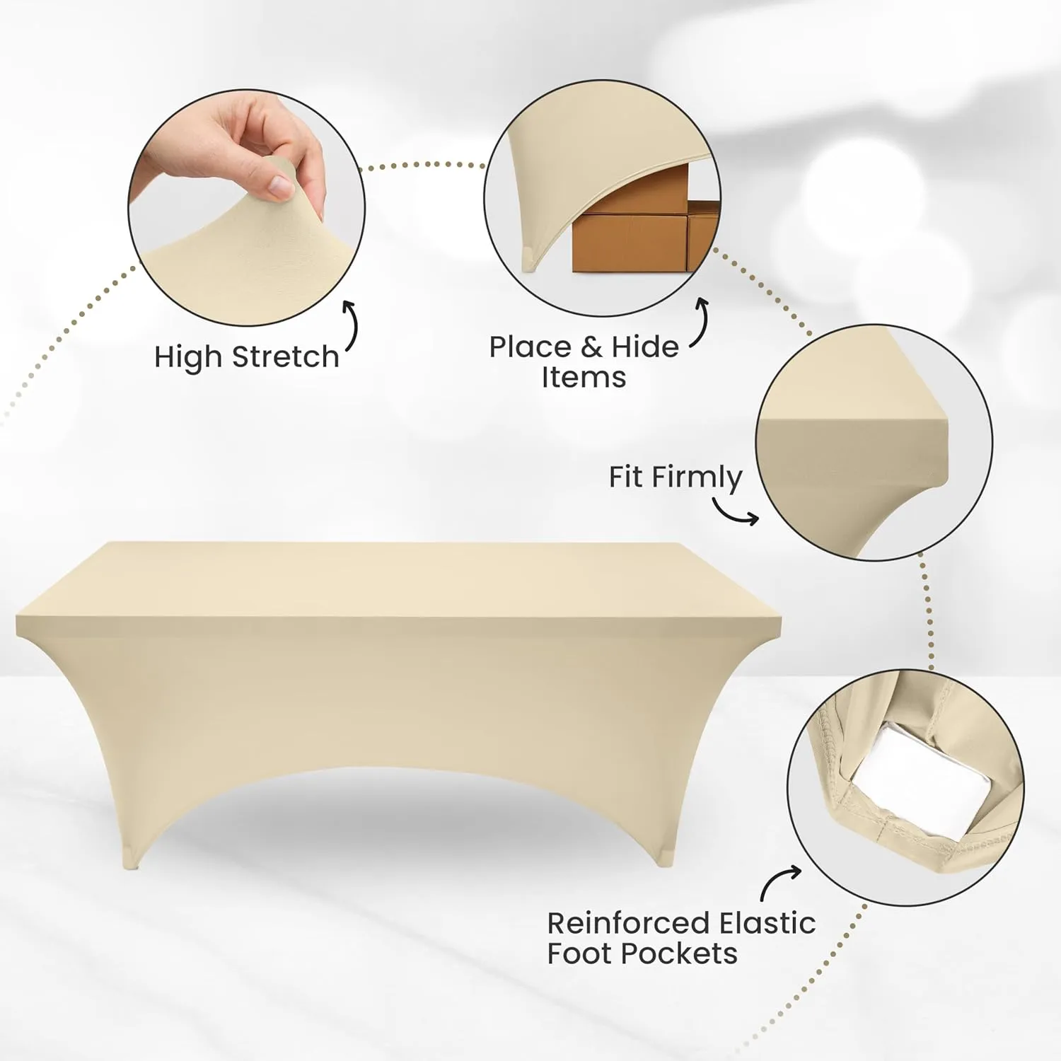 Utopia Kitchen 6FT Spandex Tablecloth [2 Pack, Champagne] 200 GSM Stretch, Fitted, Washable and Wrinkle Resistant Table Cloth Rectangle Cover for Trade Shows, Wedding, Parties [72Lx30Wx30H Inch]