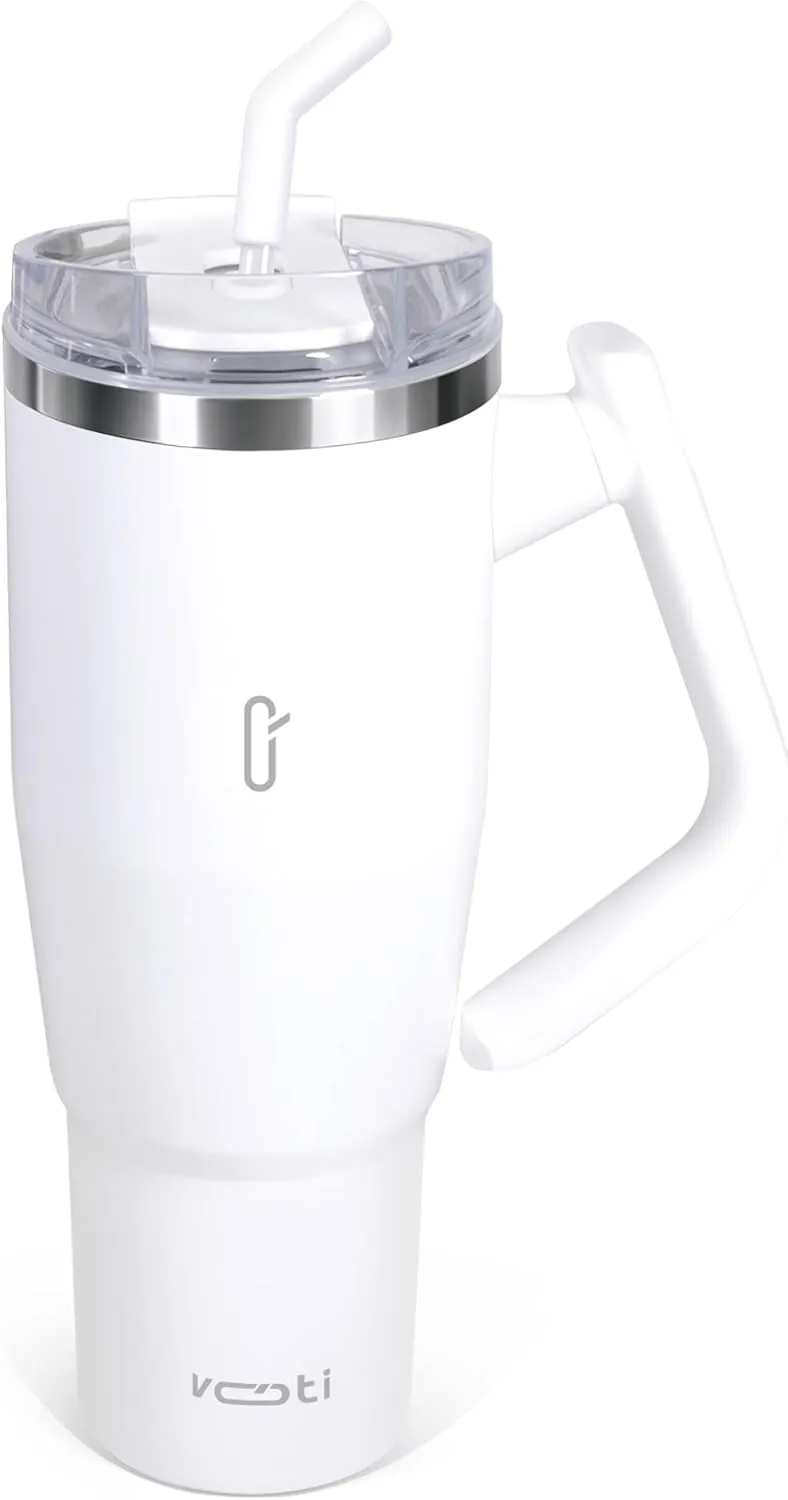 V180 40oz Insulated Tumbler with Lid and Straw, 180° Rotating Tumbler Handle for Easy Grip, Keeps Drinks Hot or Cold, BPA-Free Stainless Steel, Travel Mug & Water Bottle – White