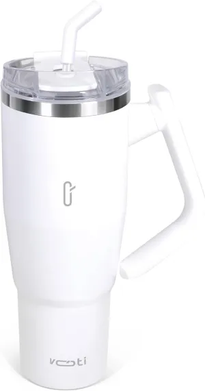 V180 40oz Insulated Tumbler with Lid and Straw, 180° Rotating Tumbler Handle for Easy Grip, Keeps Drinks Hot or Cold, BPA-Free Stainless Steel, Travel Mug & Water Bottle – White