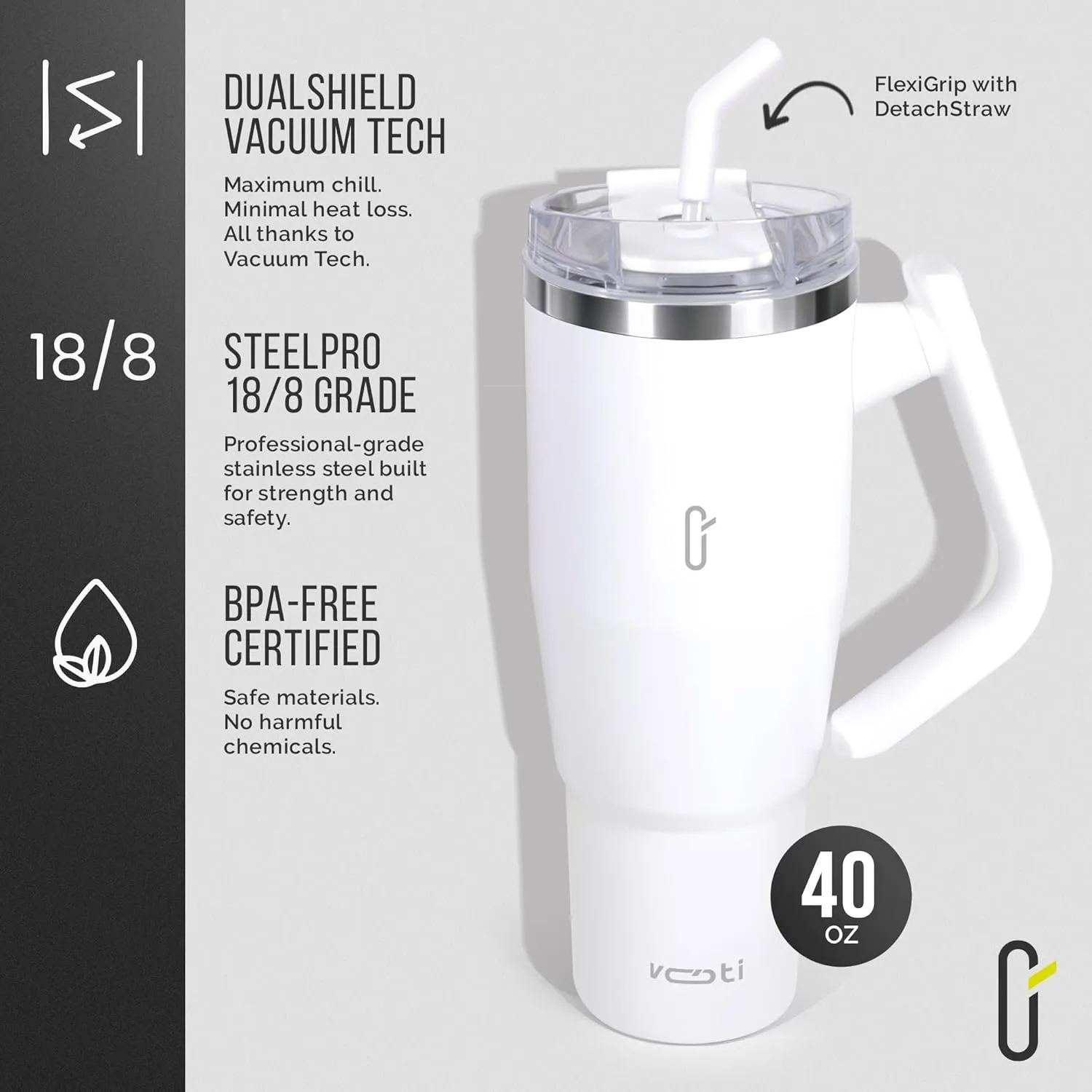 V180 40oz Insulated Tumbler with Lid and Straw, 180° Rotating Tumbler Handle for Easy Grip, Keeps Drinks Hot or Cold, BPA-Free Stainless Steel, Travel Mug & Water Bottle – White