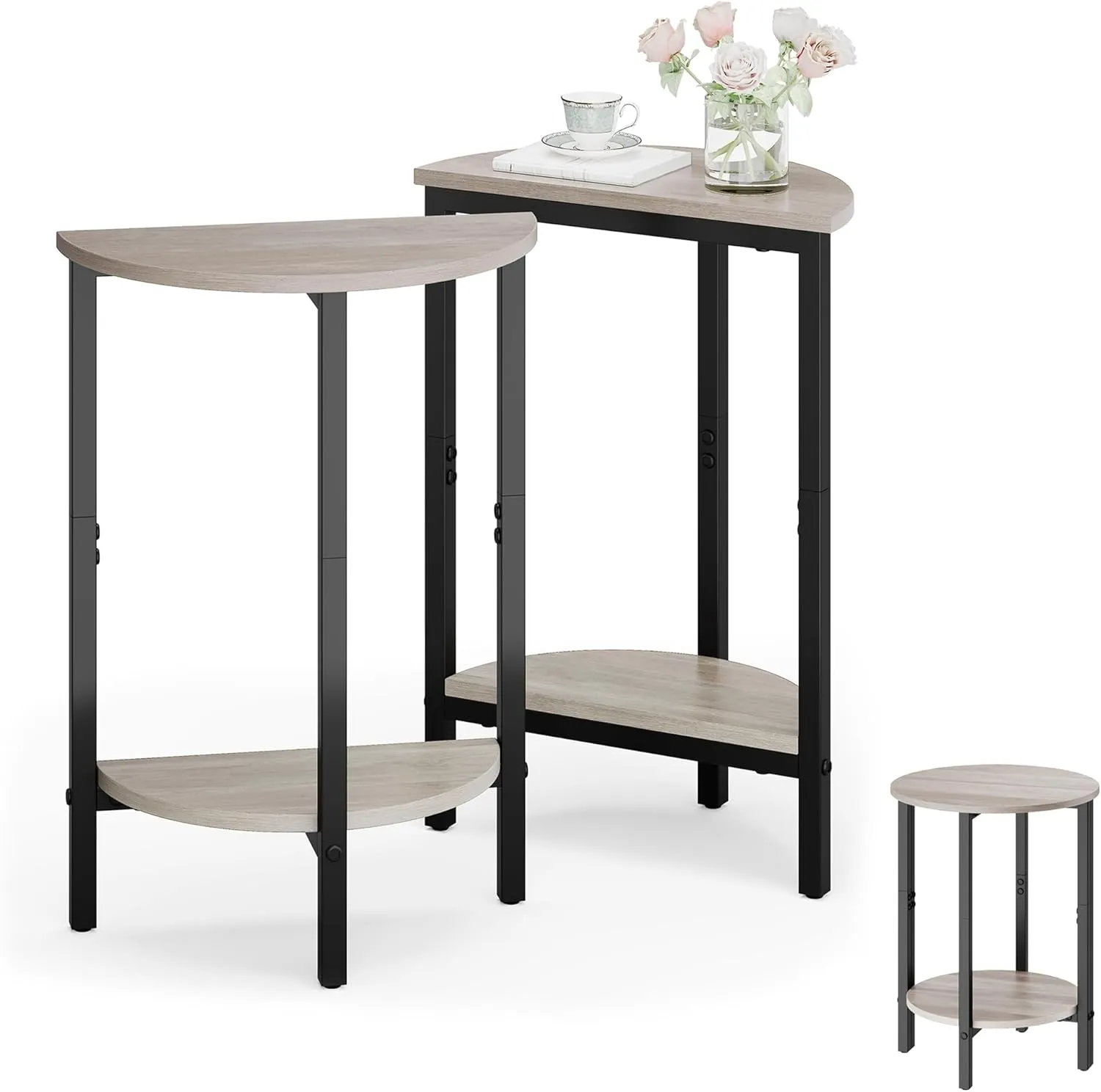 Vagusicc Side Tables Small End Tables, Set of 2 Half Round Side Table for Living Room, 2 Tier Couch Side Table, Small Round Coffee Table Accent Table, Thin Sofa Table Narrow Entryway Table, Grey