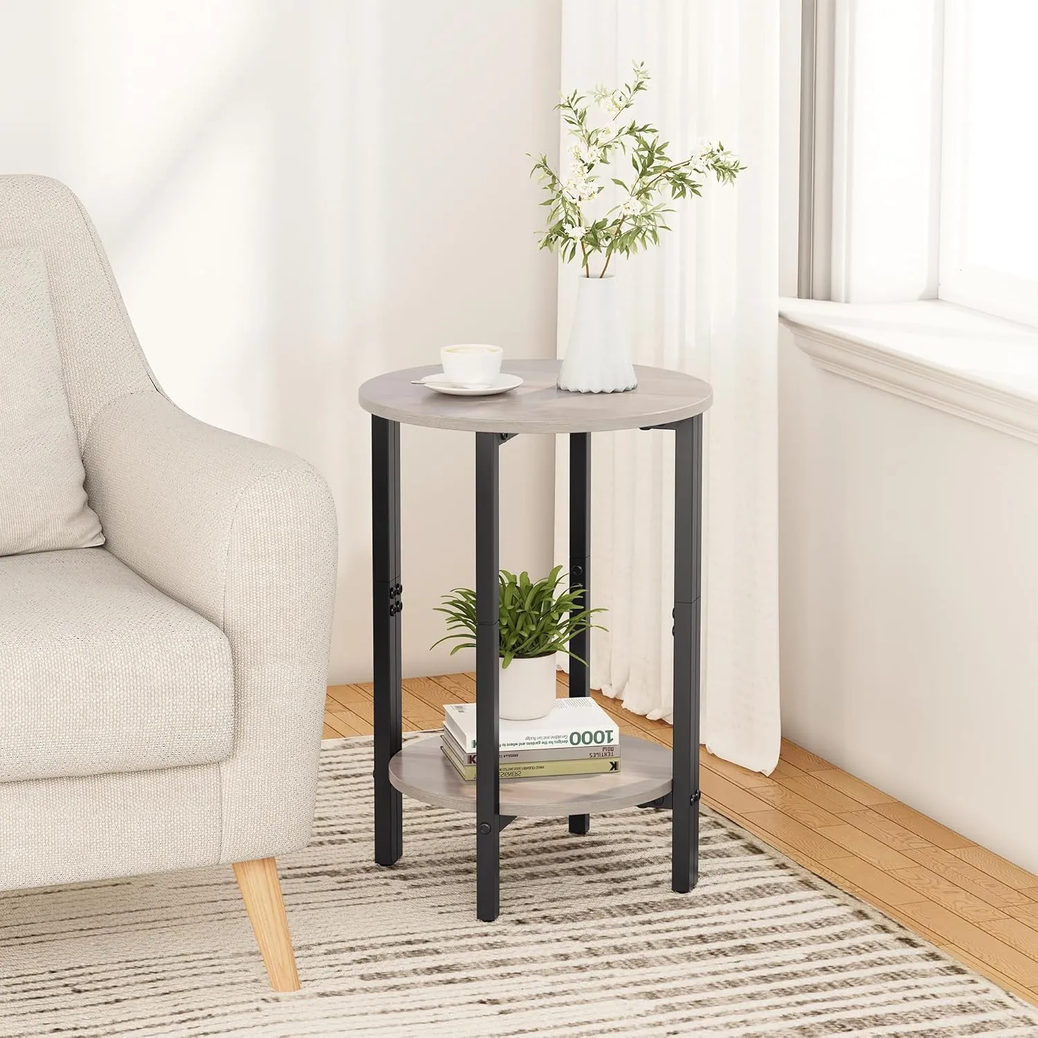 Vagusicc Side Tables Small End Tables, Set of 2 Half Round Side Table for Living Room, 2 Tier Couch Side Table, Small Round Coffee Table Accent Table, Thin Sofa Table Narrow Entryway Table, Grey