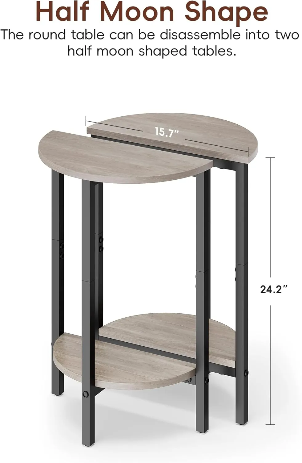 Vagusicc Side Tables Small End Tables, Set of 2 Half Round Side Table for Living Room, 2 Tier Couch Side Table, Small Round Coffee Table Accent Table, Thin Sofa Table Narrow Entryway Table, Grey
