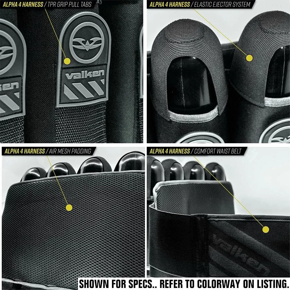 Valken Alpha 4 Pod Paintball Harness Lightweight Adjustable Pod Pack for 100/140 Round Pods, Secure Fit & Quick Reload System