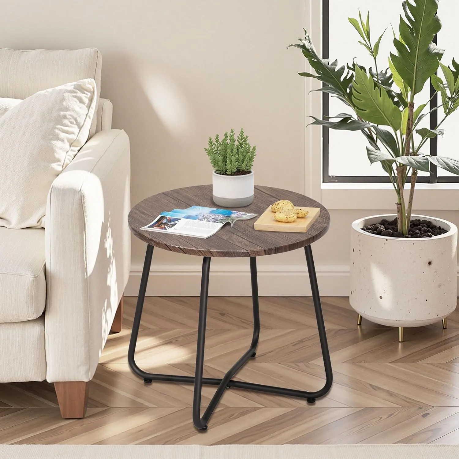 VECELO Outdoor Side Table,17.7 inch Small Round Patio Table,Waterproof Wood Table with Weather Resistant Steel Adjustable for Living Room Bedroom Garden Yard Balcony Porch Poolside