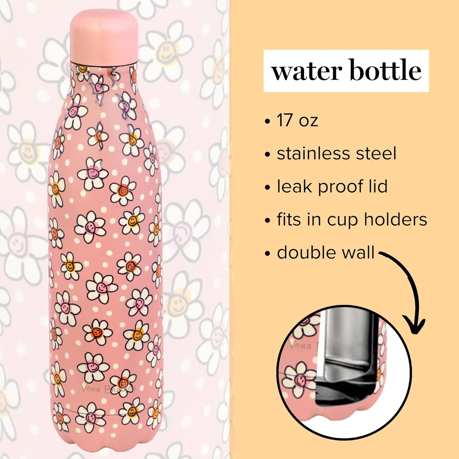 Vera Bradley Stainless Steel Insulated Water Bottle, 17 Ounce Travel Tumbler with Lid for Sports, Gym, or School, Prairie Paisley Daisy Pink