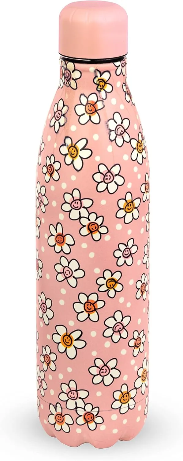 Vera Bradley Stainless Steel Insulated Water Bottle, 17 Ounce Travel Tumbler with Lid for Sports, Gym, or School, Prairie Paisley Daisy Pink