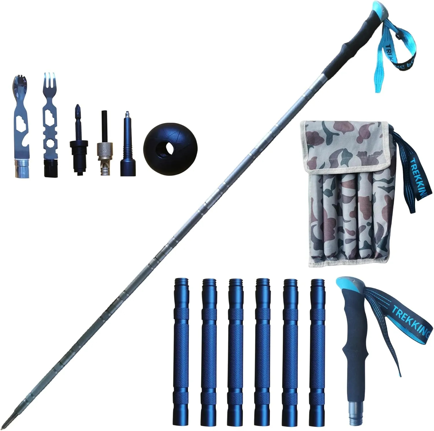 Versatile Trekking Pole with Accessories - Ideal for Hiking with Excellent Foam Grip Lightweight, Durable Tungsten Carbon Tip. Adjustable Length, Collapsible, Internal Storage, Canvas Carry Bag