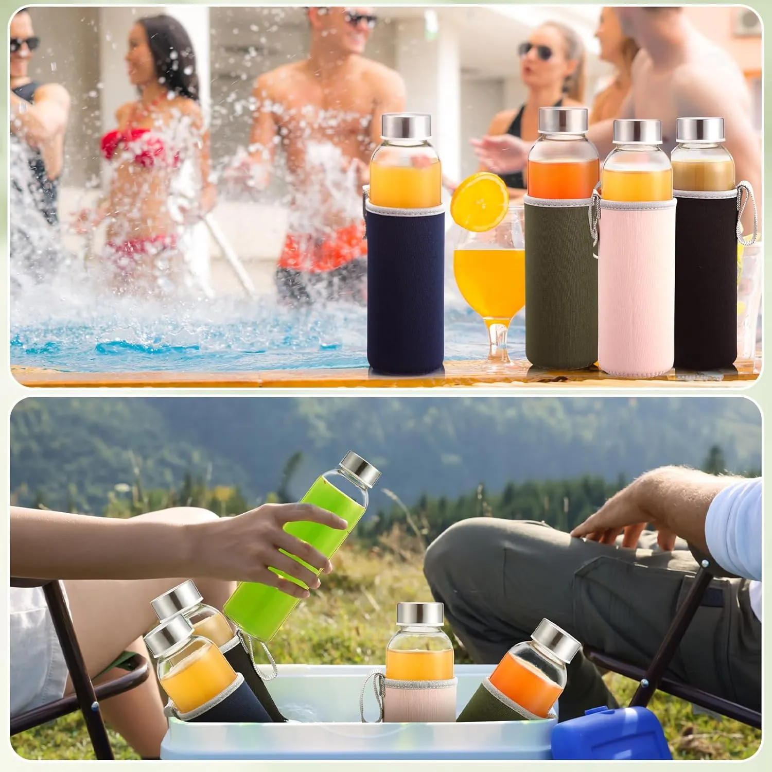 Vesici 12 Set 18 oz Clear Glass Water Bottles, Reusable Glass Juicing Bottles with Protection Sleeve and Stainless Steel Leak Proof Lids for Milk Smoothie Juice Beverage Tea (Colorful,Low Profile)