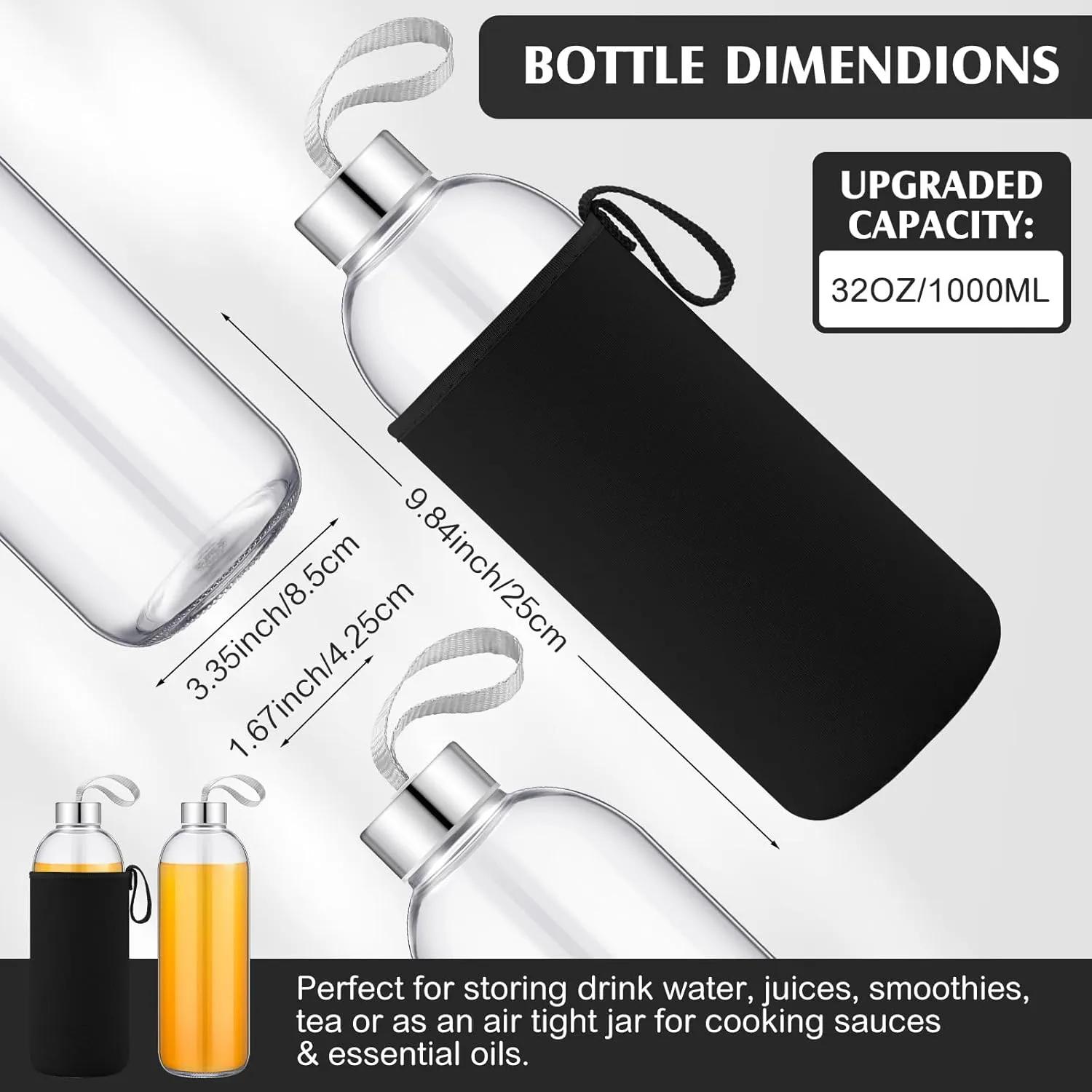 Vesici 12 Set 32 oz Glass Juice Bottles with Sleeves Reusable Glass Milk Bottle with Leakproof Lids Beverage Containers for Tea, Water, Smoothies, Cold Brew, Fermented Drinks(Black)