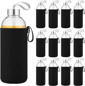 Vesici 12 Set 32 oz Glass Juice Bottles with Sleeves Reusable Glass Milk Bottle with Leakproof Lids Beverage Containers for Tea, Water, Smoothies, Cold Brew, Fermented Drinks(Black)