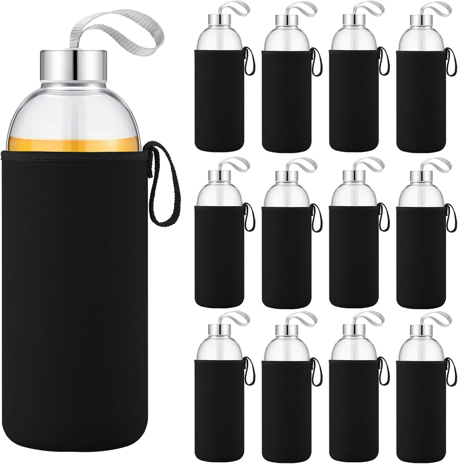 Vesici 12 Set 32 oz Glass Juice Bottles with Sleeves Reusable Glass Milk Bottle with Leakproof Lids Beverage Containers for Tea, Water, Smoothies, Cold Brew, Fermented Drinks(Black)