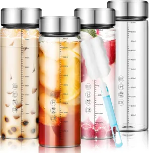Vesici 20 oz Glass Water Bottles with Lids Wide Mouth Clear Reusable Glass Juice Bottles with Scale for Juicing, Smoothies, Milk, Protein, Beverage Storage, Stainless Steel Lids, Borosilicate