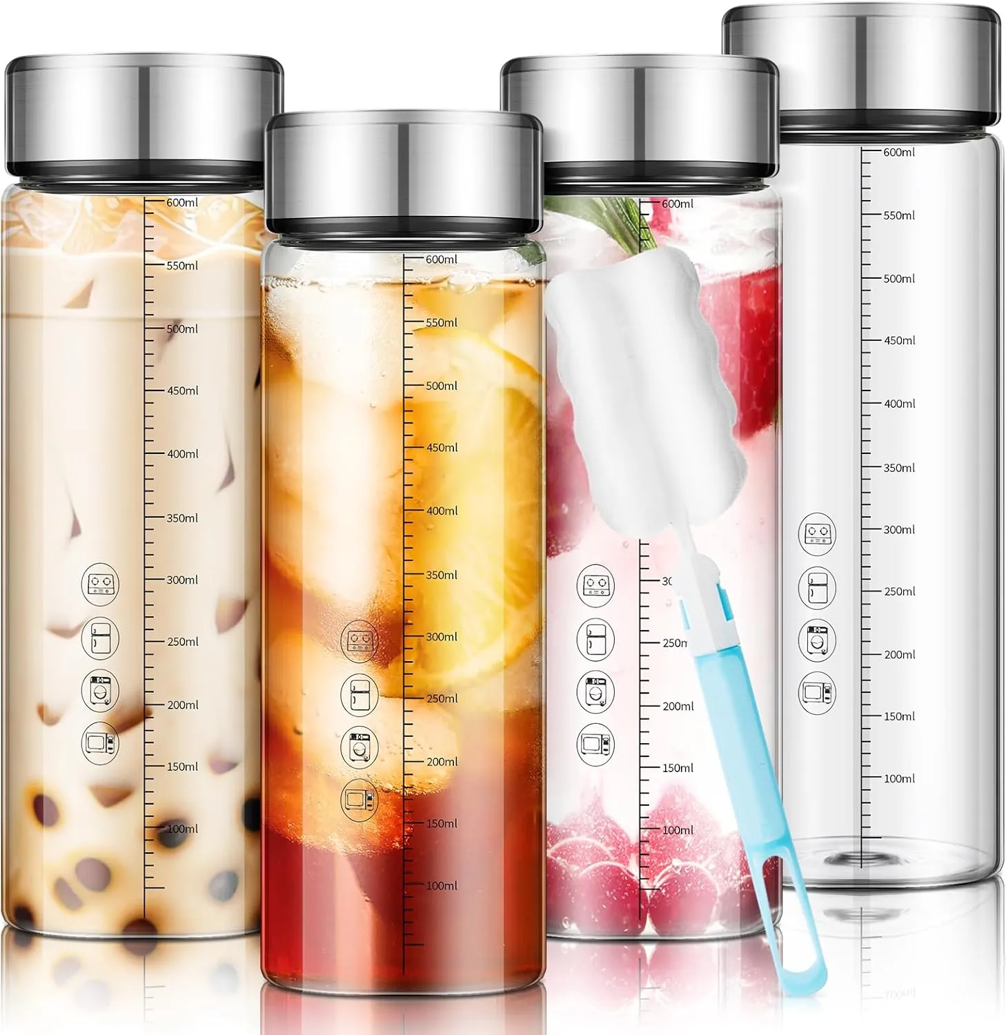 Vesici 20 oz Glass Water Bottles with Lids Wide Mouth Clear Reusable Glass Juice Bottles with Scale for Juicing, Smoothies, Milk, Protein, Beverage Storage, Stainless Steel Lids, Borosilicate