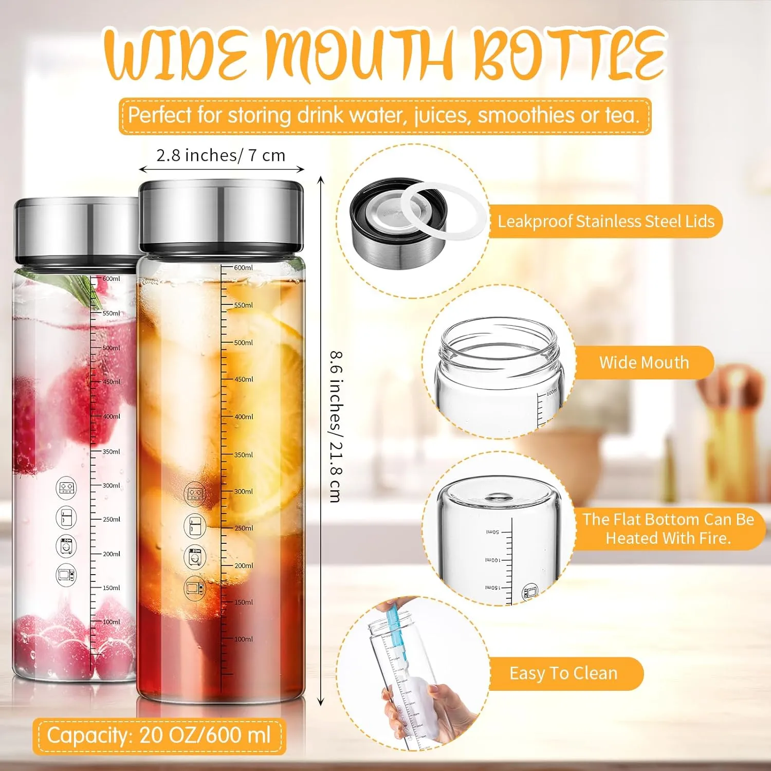 Vesici 20 oz Glass Water Bottles with Lids Wide Mouth Clear Reusable Glass Juice Bottles with Scale for Juicing, Smoothies, Milk, Protein, Beverage Storage, Stainless Steel Lids, Borosilicate